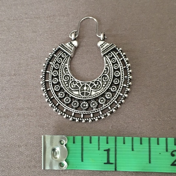 Silver Tone Filigree Boho Hoop Earrings - Picture 4 of 7